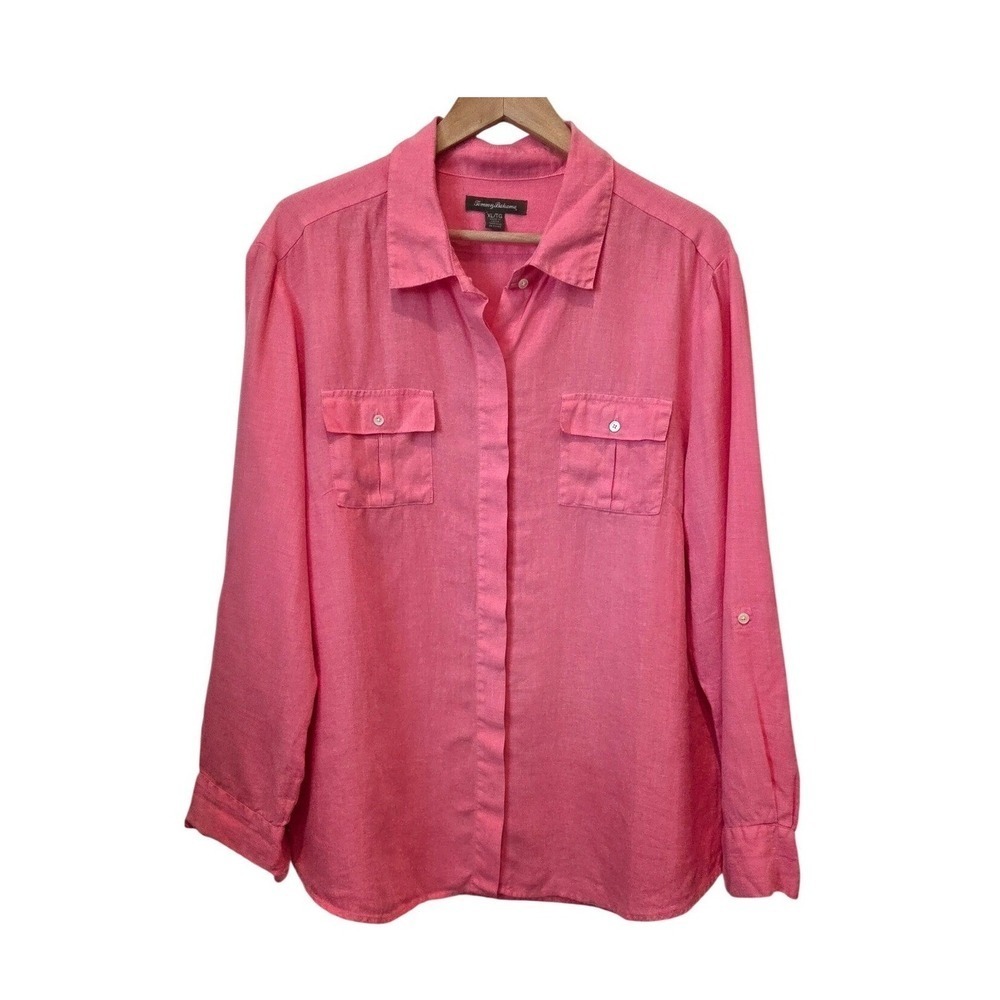 Tommy Bahama Linen Button Down Roll Tab Sleeve‎ Pink Coastal Island XL
